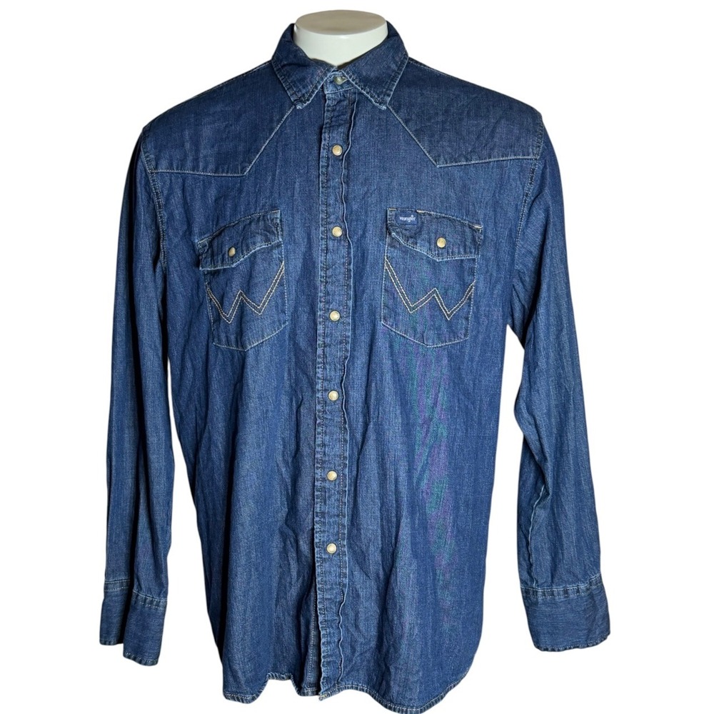 Wrangler Mens Denim Western Shirt Dark Wash Pearl Snap Long Sleeve XL